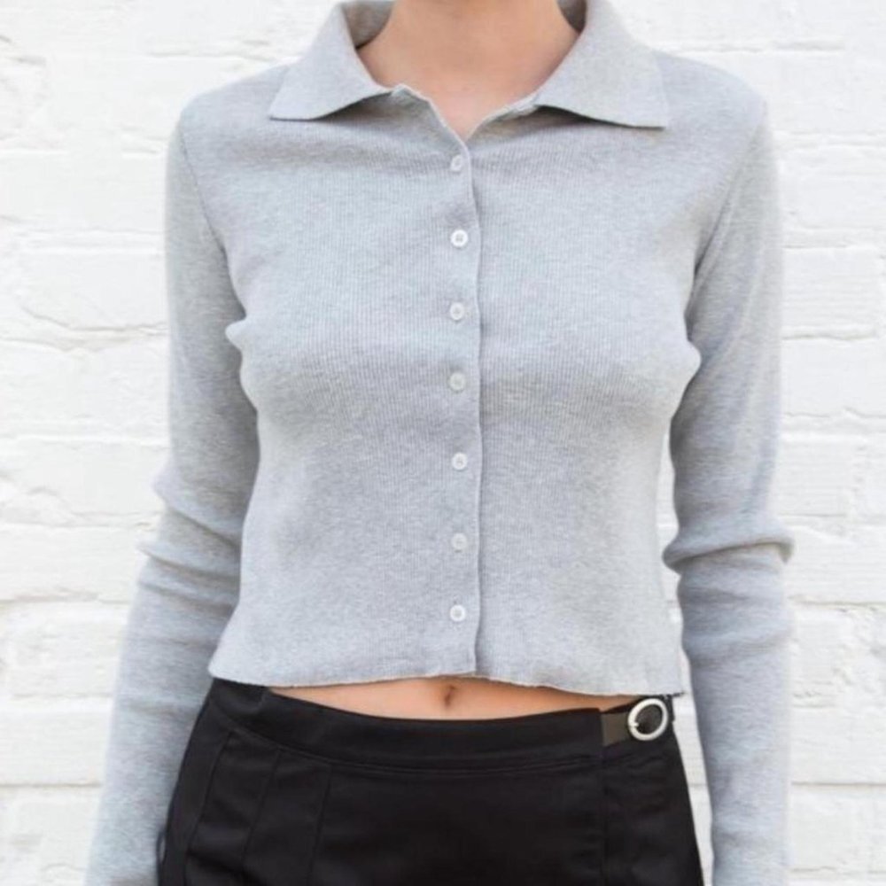 Brandy Melville Gray Ribbed Collared Cropped Cardigan Top